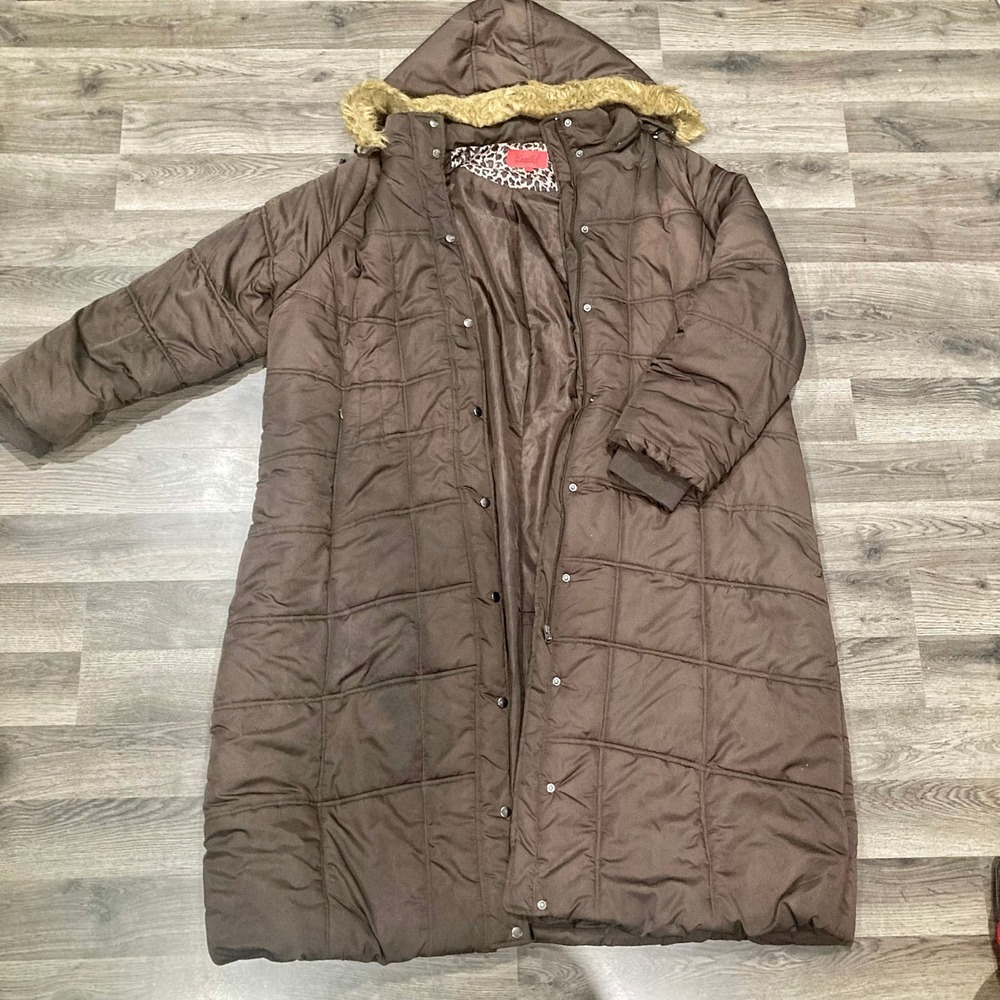 Excelled Collection Brown Quilted Maxi Puffer Coat Faux Fur Hood 3X